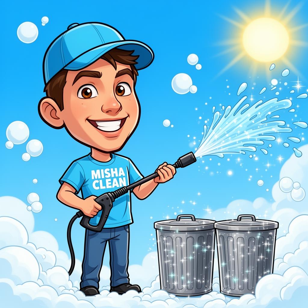 Misha Clean mascot with power washer